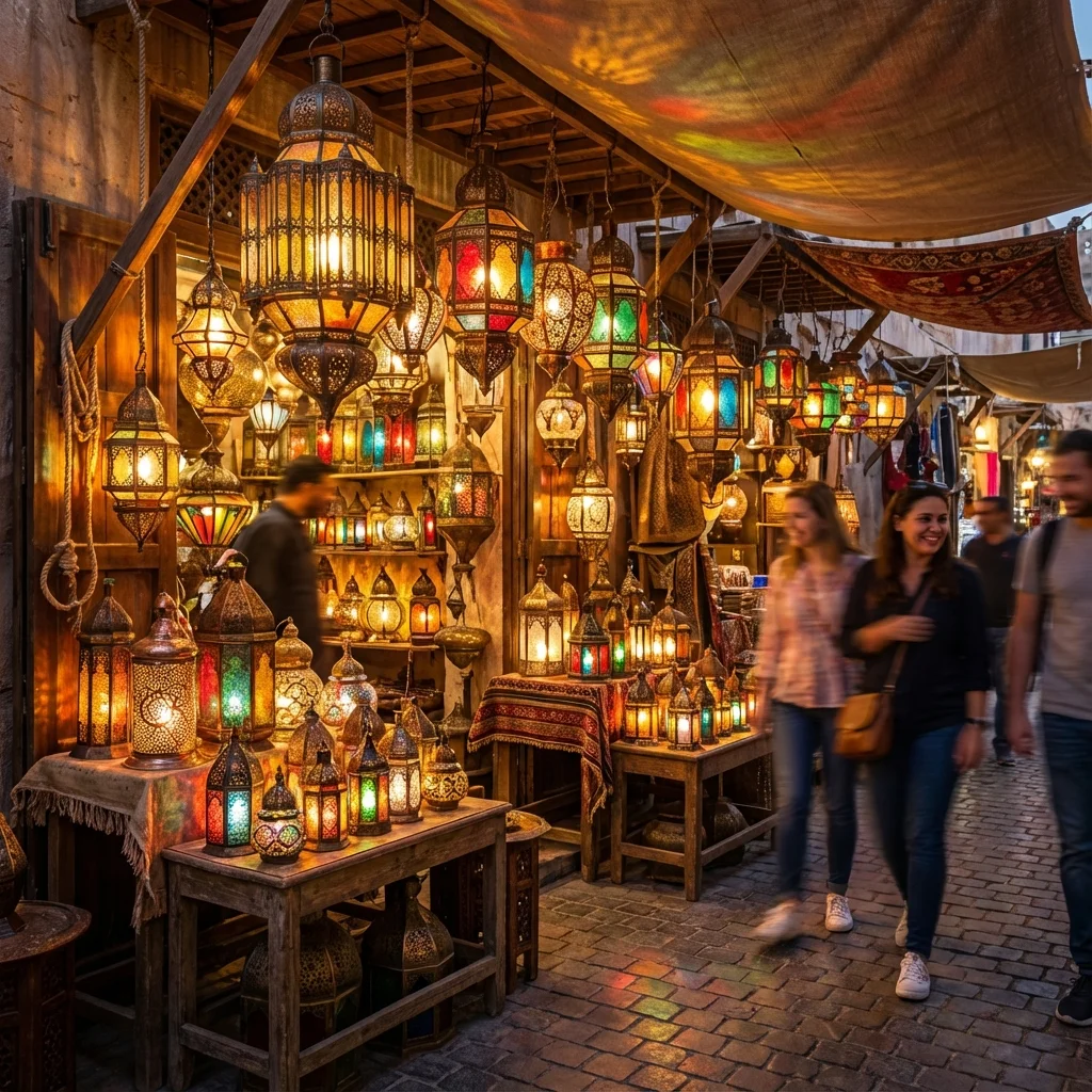 Beautiful Arabic metal lanterns with colored glass