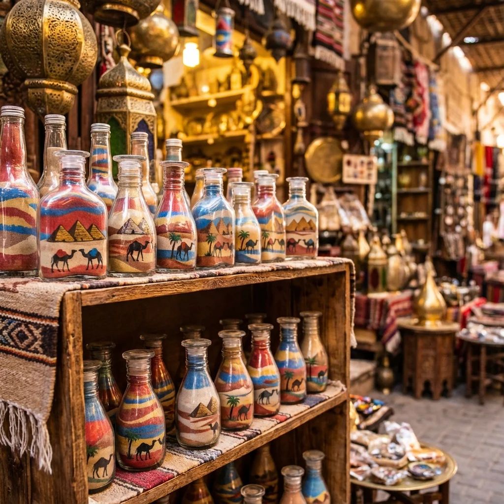 Colorful Egyptian sand art bottles with desert scenes
